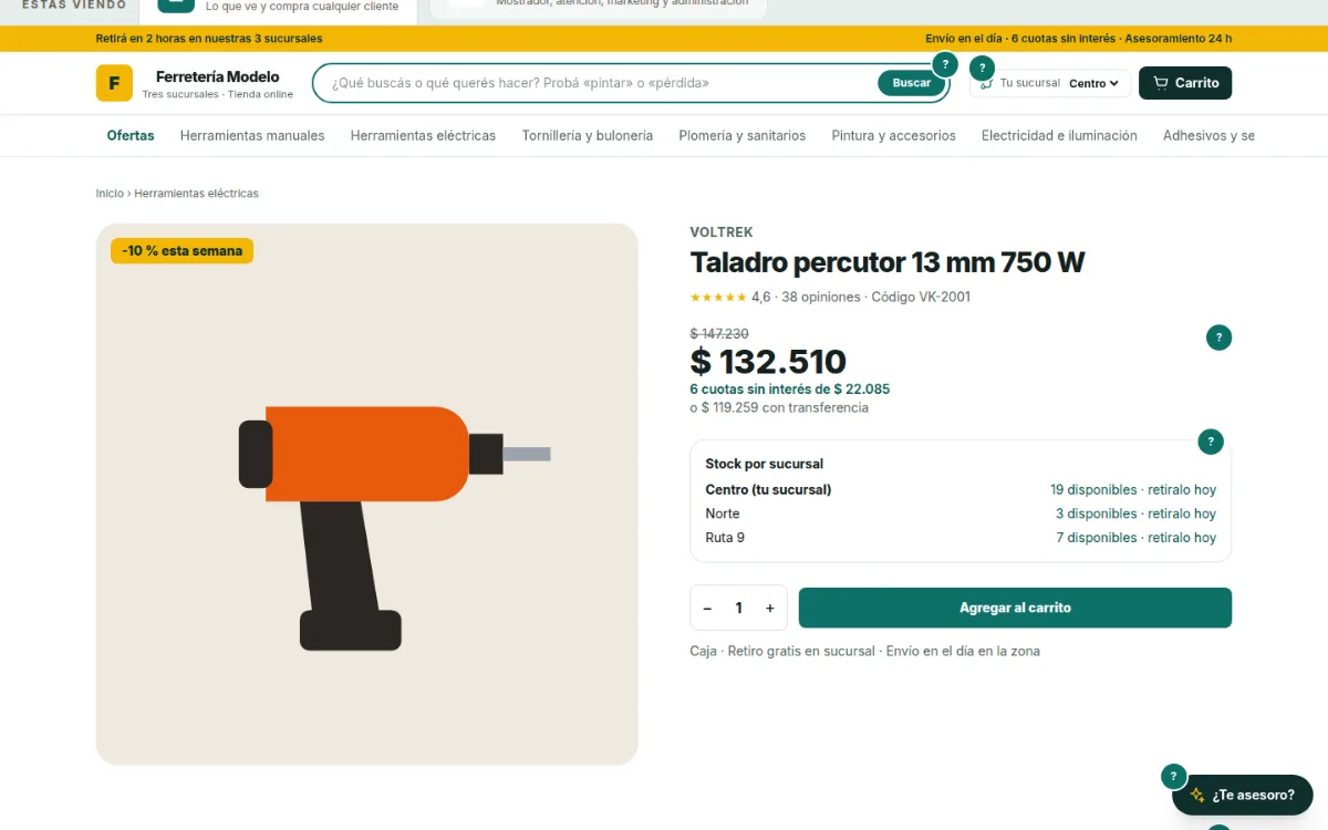 Un producto con el stock de cada sucursal